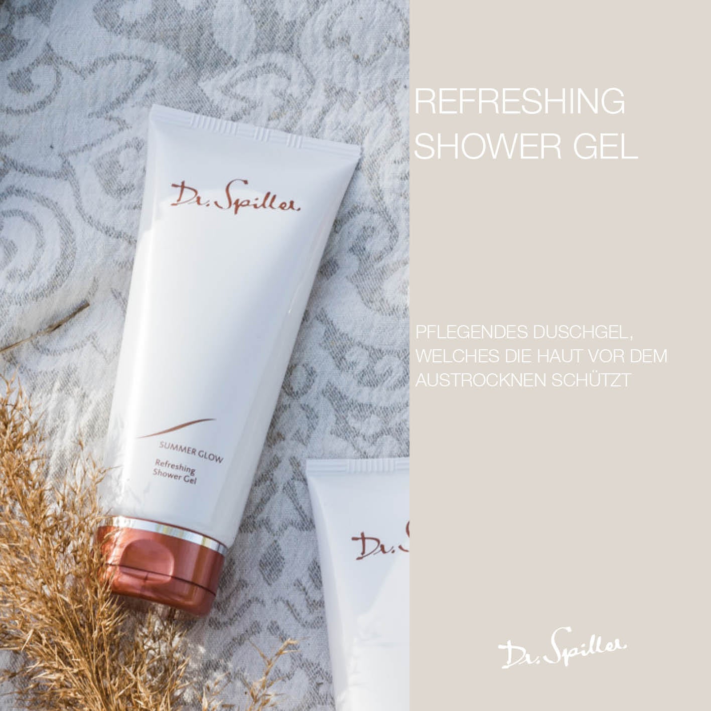 DR SPILLER Summer Glow Refreshing Shower Gel – 200 ml, Tube auf Handtuch mit Produktbeschreibung
