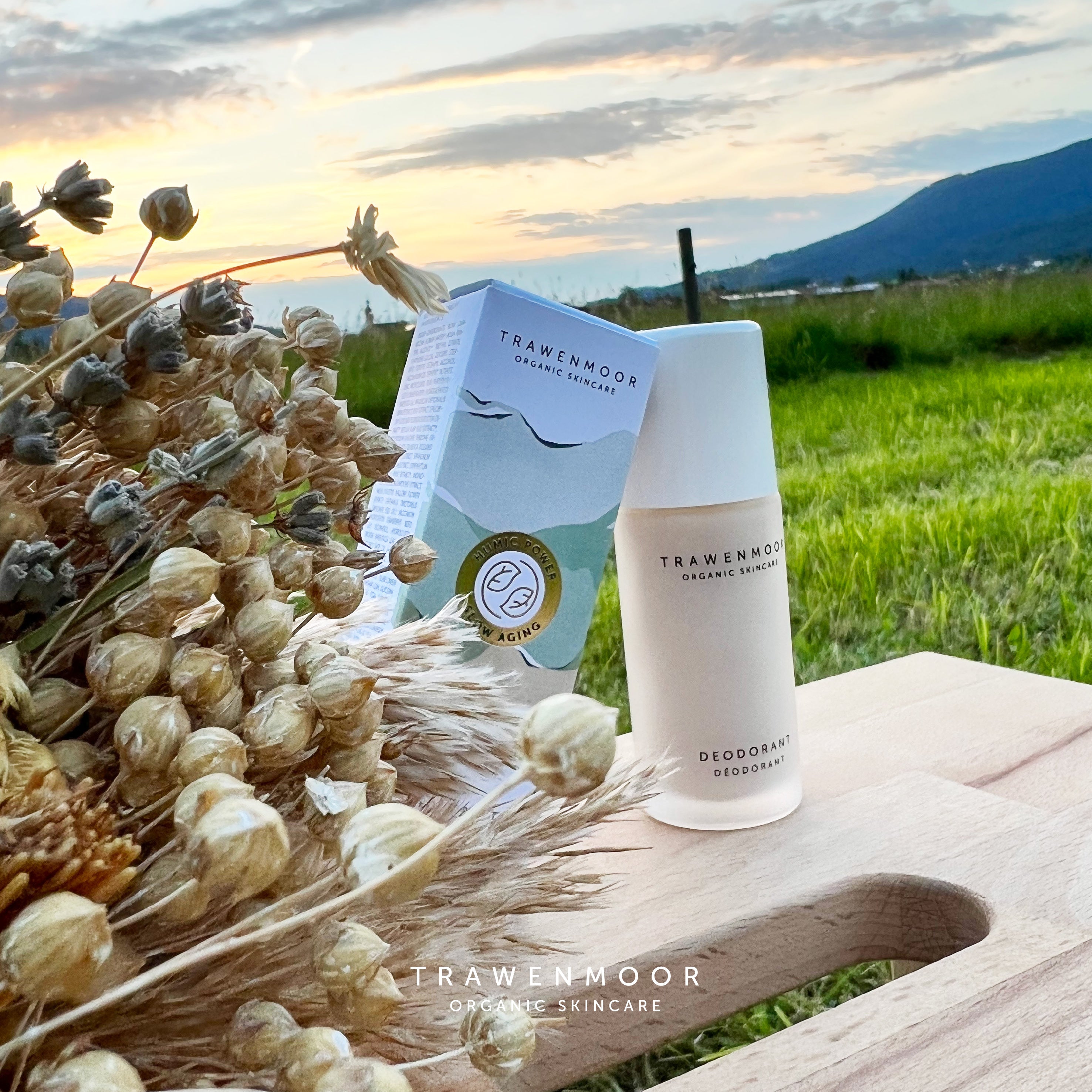 DR SPILLER TRAWENMOOR Deodorant – 50 ml, Spender und Umkarton auf Holzstuhl vor Berglandschaft