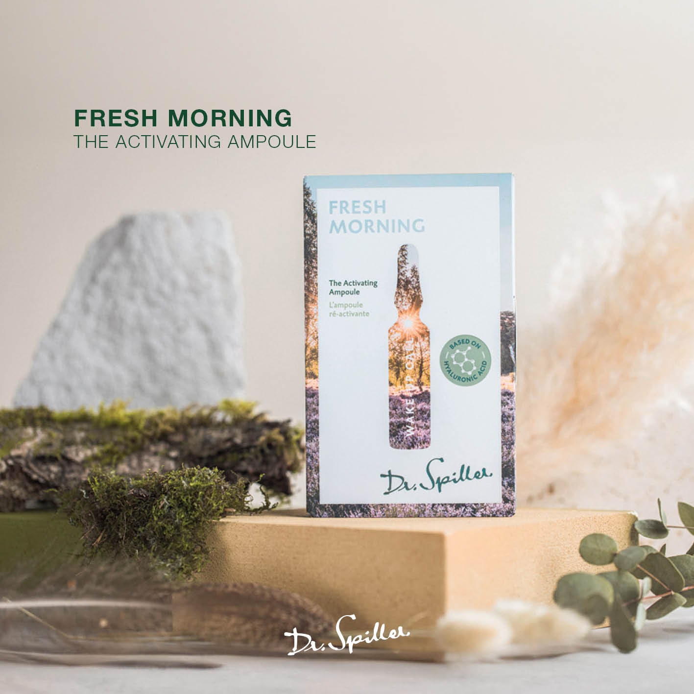 DR SPILLER Wake-up Call - Fresh Morning - The Activating Ampoule – 7x2 ml, Umverpackung auf Steinplatte mit Moos