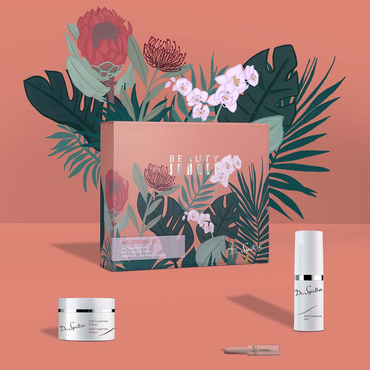 DR SPILLER Anti-Couperose Set, Geschenkbox und Produkte vor rotem Hintergrund