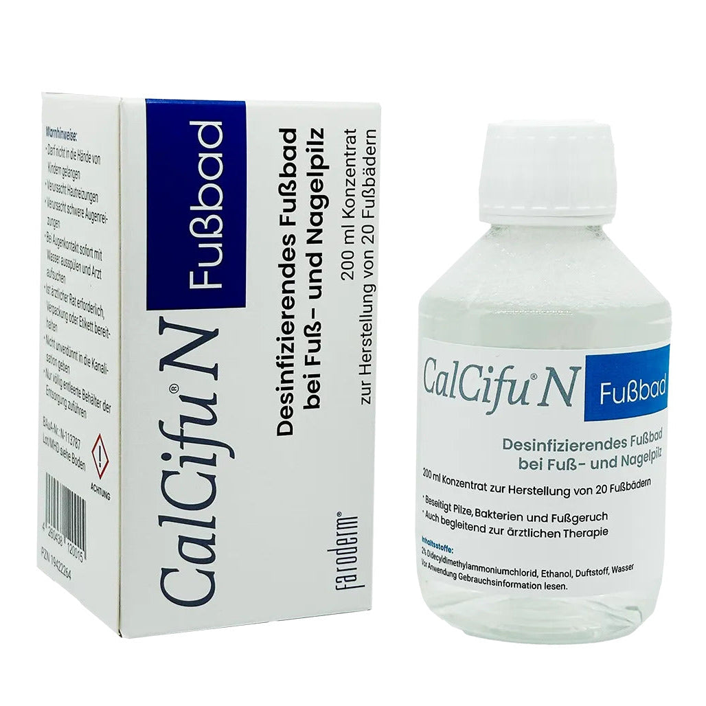 FARODERM Calcifu N Fußbad – Schutz vor Fuß- und Nagelpilz, 200ml, Flasche und Umkarton