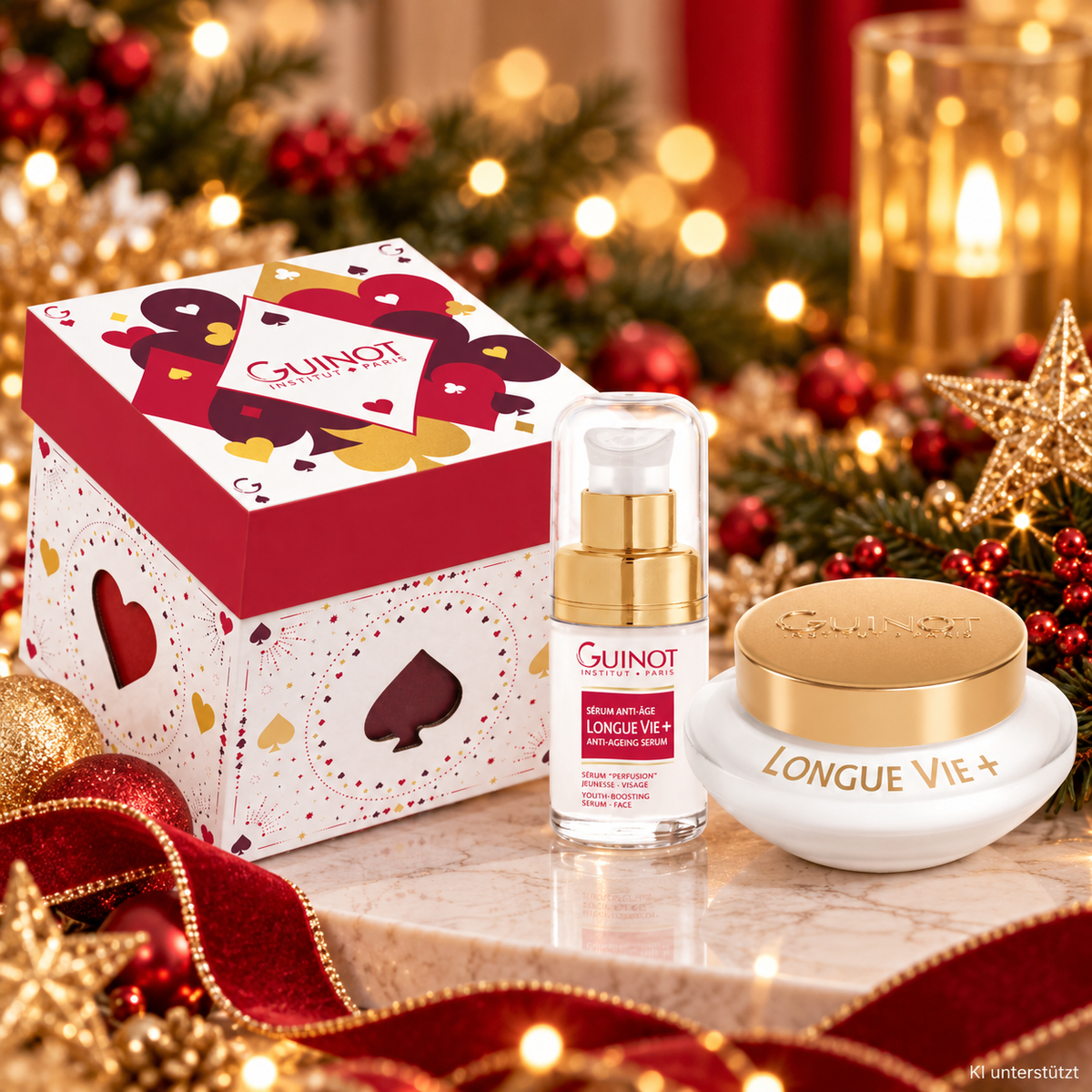 GUINOT Coffret Longue Vie + – Limitiertes Anti-Aging Weihnachtsset, -, Geschenkkarton und Einzelprodukte weihnachtlicher hintergrund