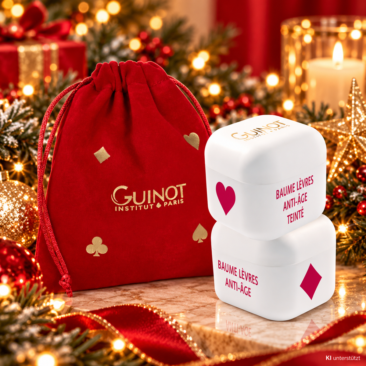 GUINOT Pochon Lèvres – Limitiertes Lippenpflege-Weihnachtsset, 2x10ml, Würfel und Zugbeutel vor weihnachtlichem Hintergrund