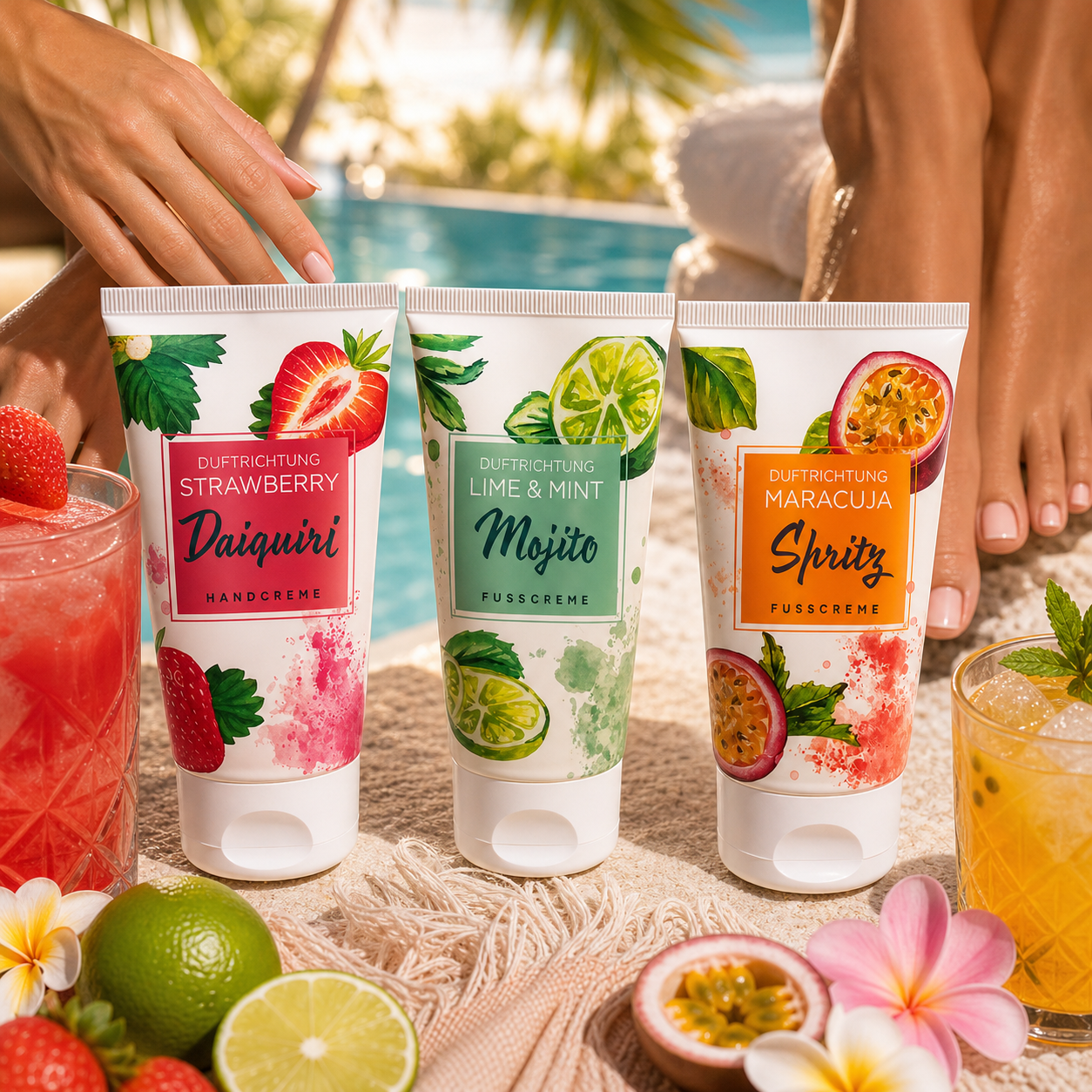 HANDWUNDER Hand- & Fußcreme Set Sommerdüfte – erfrischende Sommerpflege , 3x50ml, Tuben mit Früchten