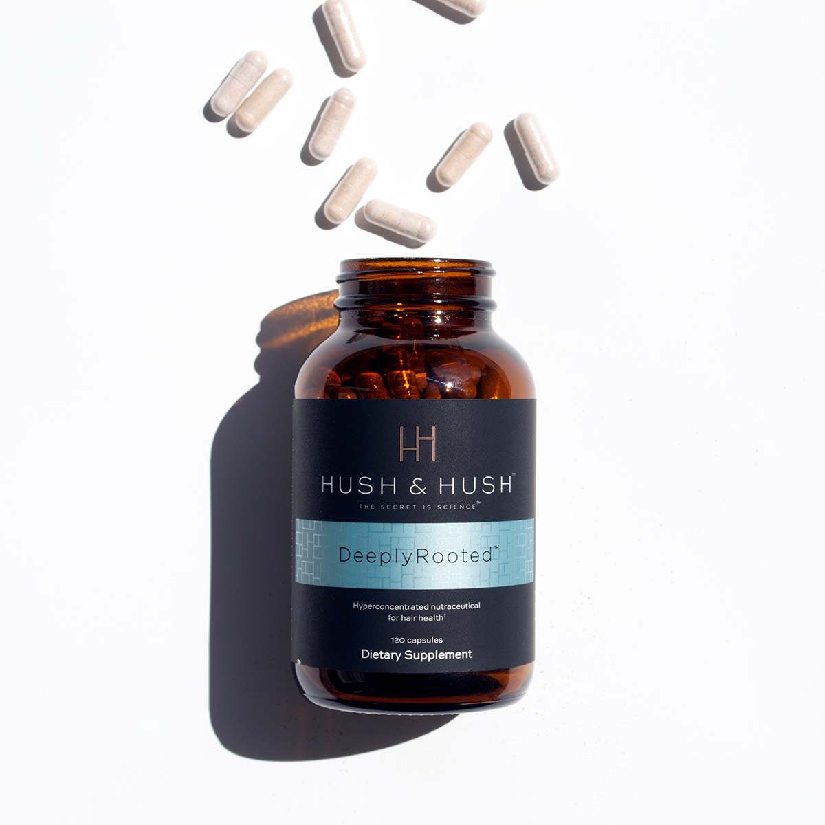 HUSH & HUSH DeeplyRooted – Nahrungsergänzung für gesundes Haarwachstum, 120Kapseln, Dose offen und Kapseln
