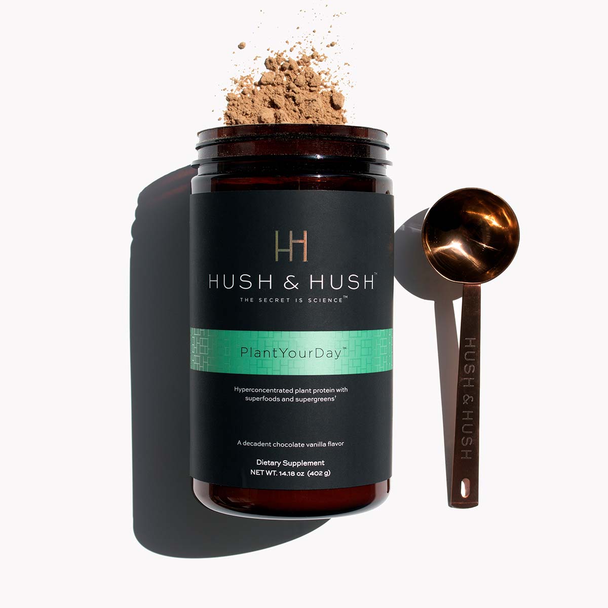HUSH & HUSH PlantYourDay – Veganes Proteinpulver, 402g, Dose offen mit Dosierlöffel