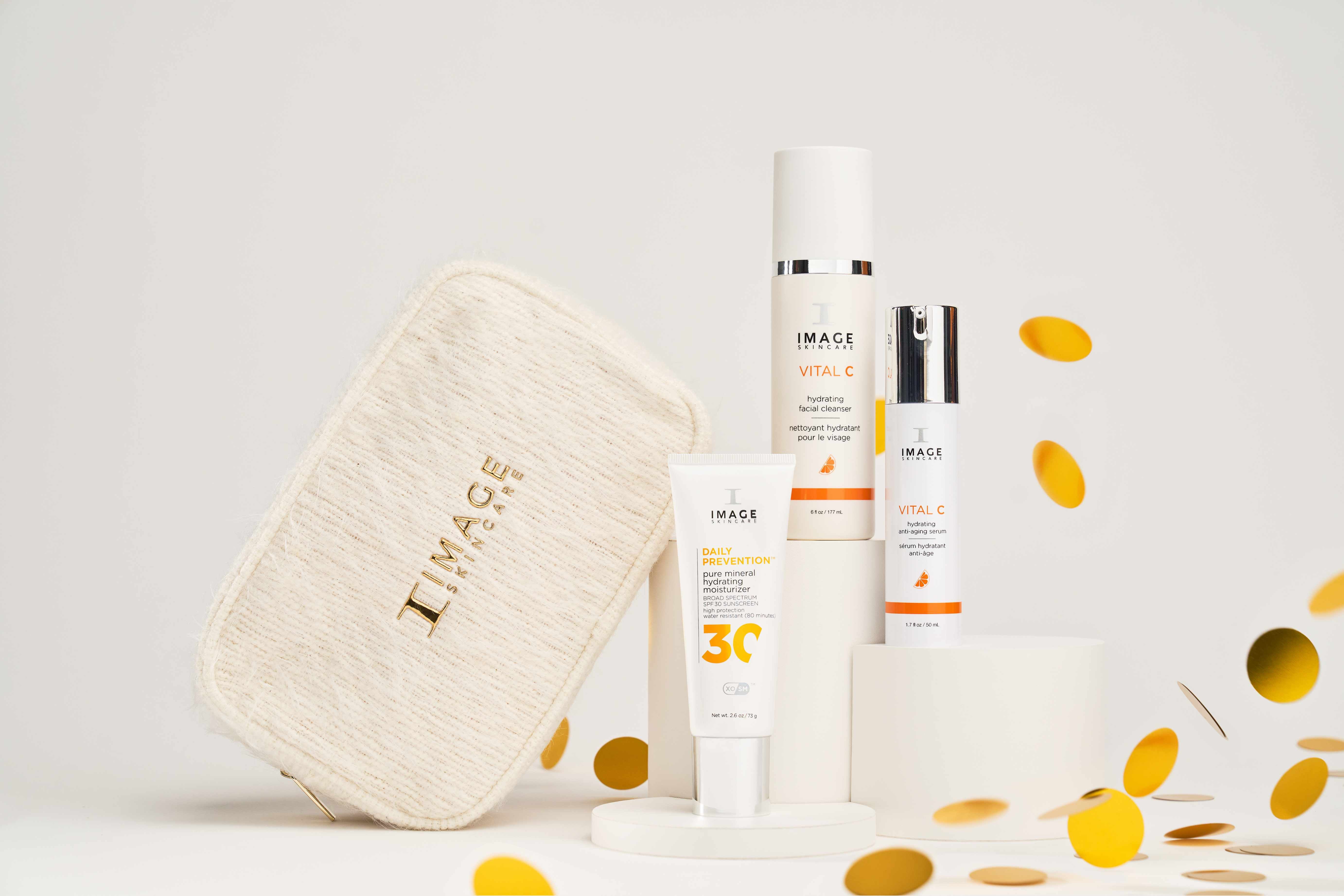 IMAGE SKINCARE Geschenk-Set - Opulent Radiance SPF 30 – 1Stk, Einzelprodukte und Kosmetiktasche mit Goldkonfetti