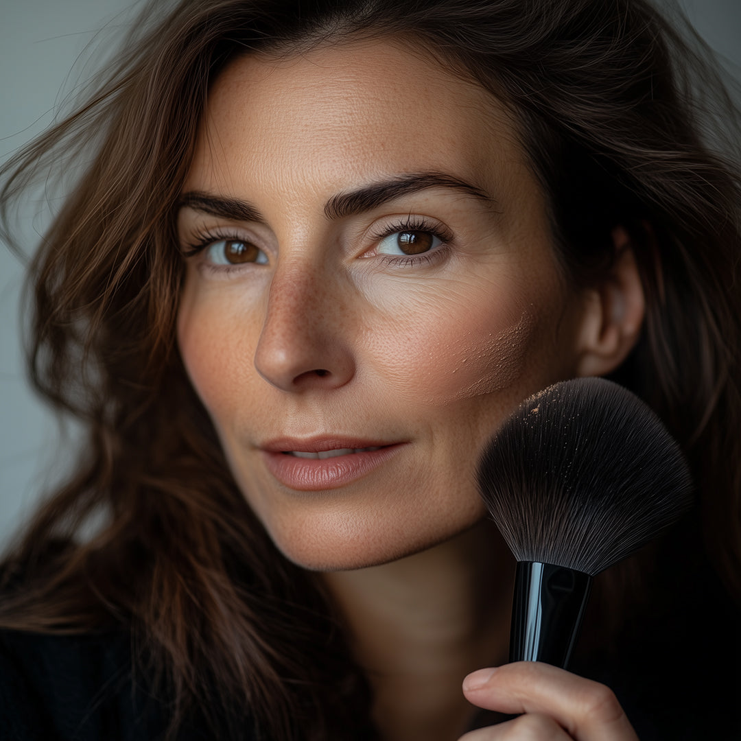 JEAN D'ARCEL blusher powder – no. 02 warm rose, 12,5g, Frau trägt Puderrouge auf