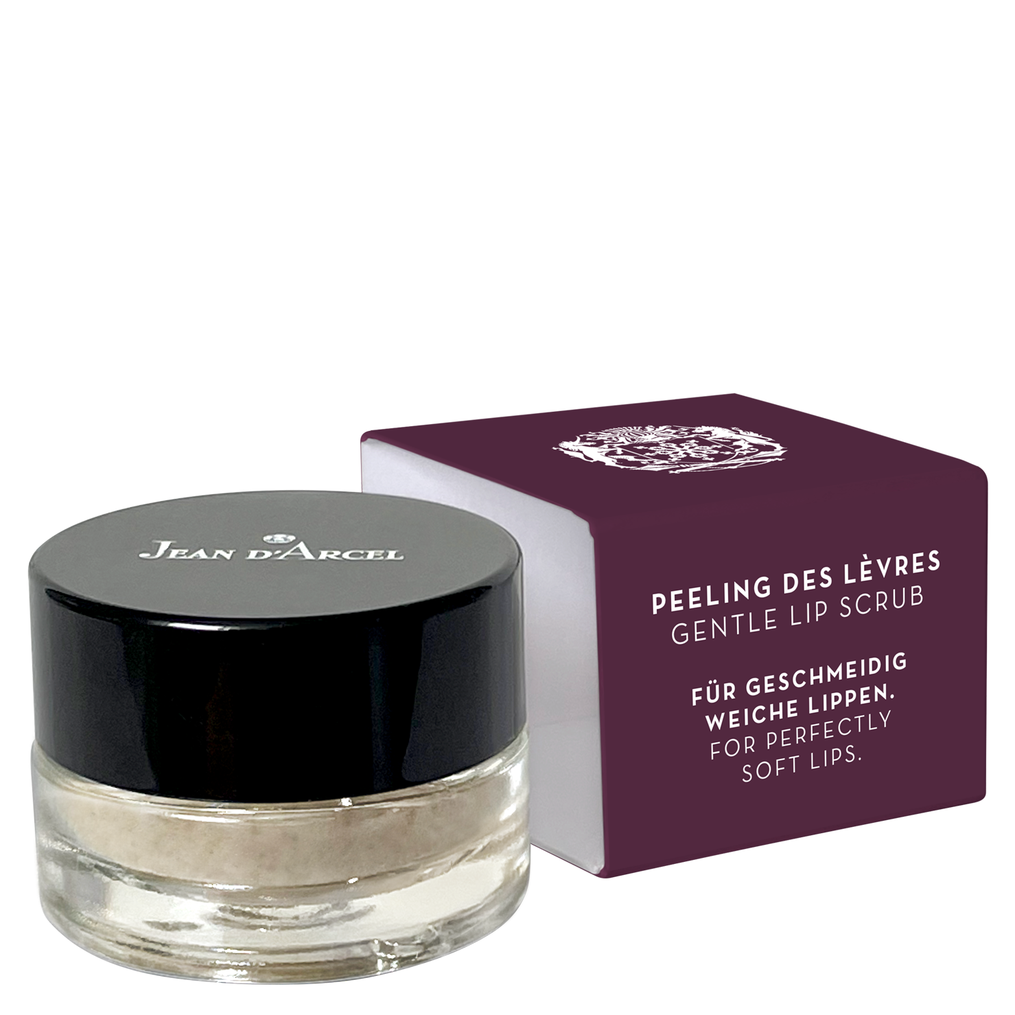 JEAN D'ARCEL peeling des lévres | gentle lip scrub – Zuckerpeeling für geschmeidig weiche Lippen, 5ml, Tiegel und Umverpackung