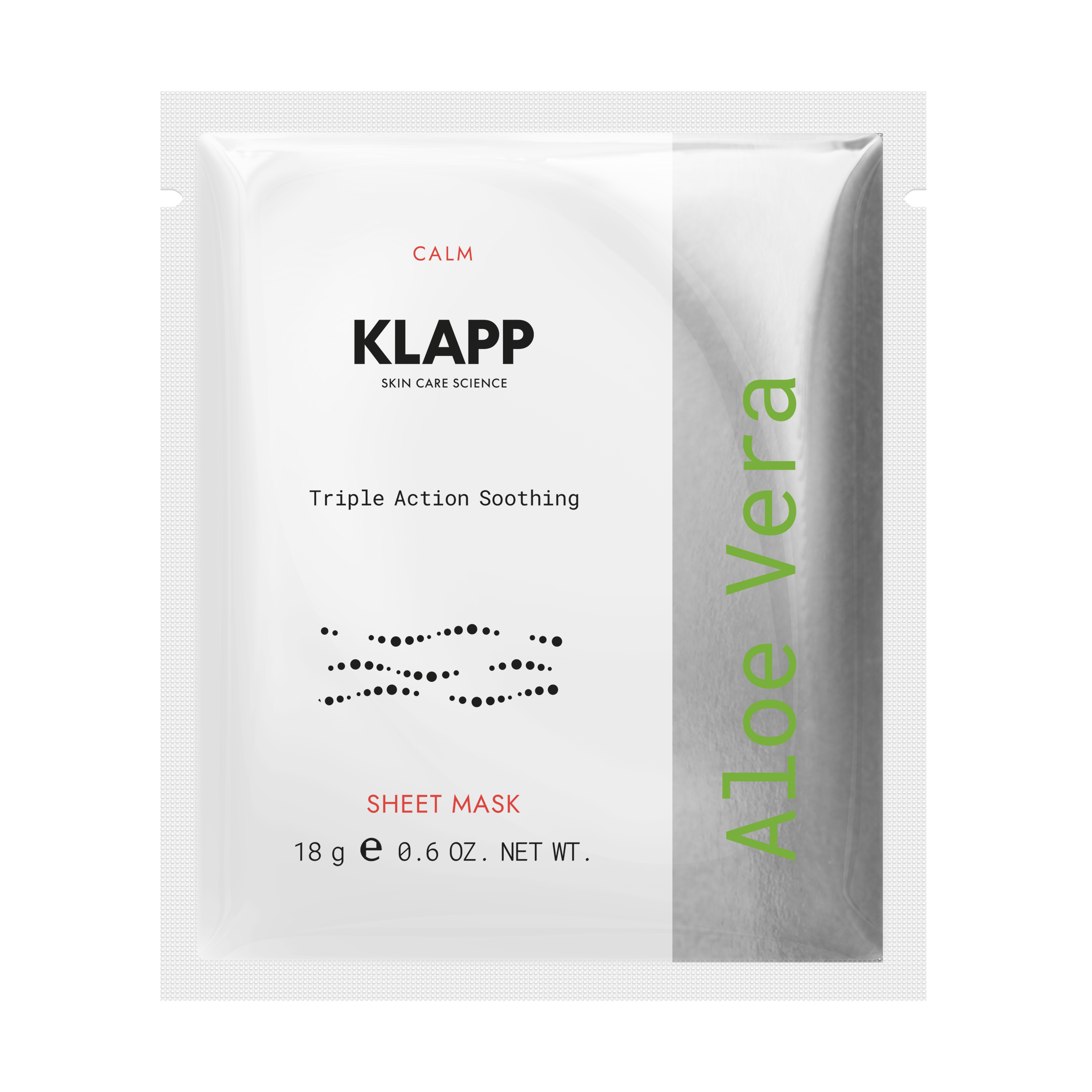 KLAPP Aloe Vera Triple Action Soothing Sheet Mask – für beruhigte Haut, 18g, Sachet