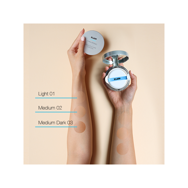 KLAPP Colour & Care Cushion, 15g, Arme mit Make-up Swatches