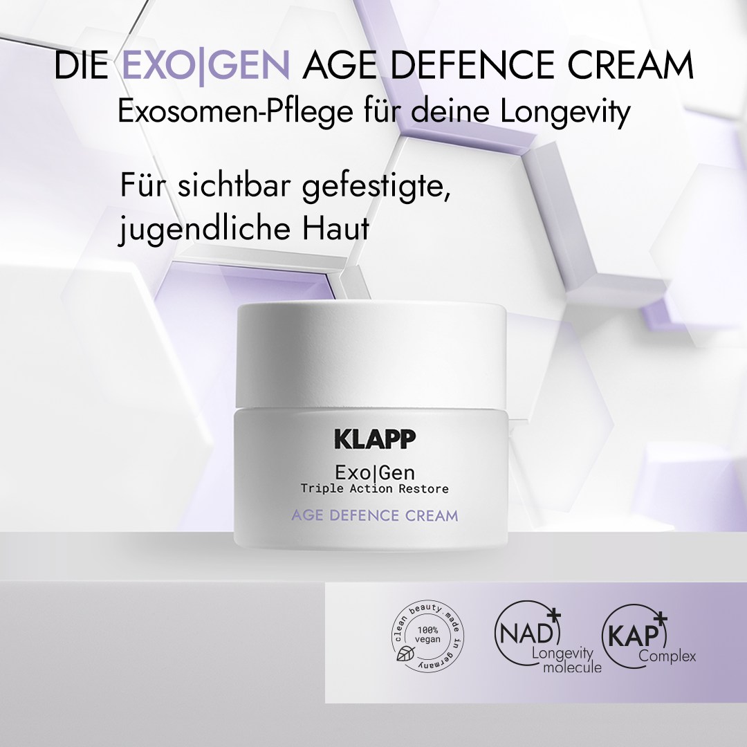 KLAPP Exo|Gen Triple Action Restore Age Defense Cream – Anti-Aging Pflege, 50ml, Tiegel mit Wirkversprechend und Siegel