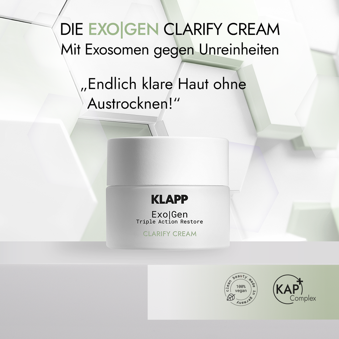 KLAPP Exo|Gen Triple Action Restore Clarify Cream – für unreine Haut, 50ml, Tiegel Wirkversprechen und Siegel