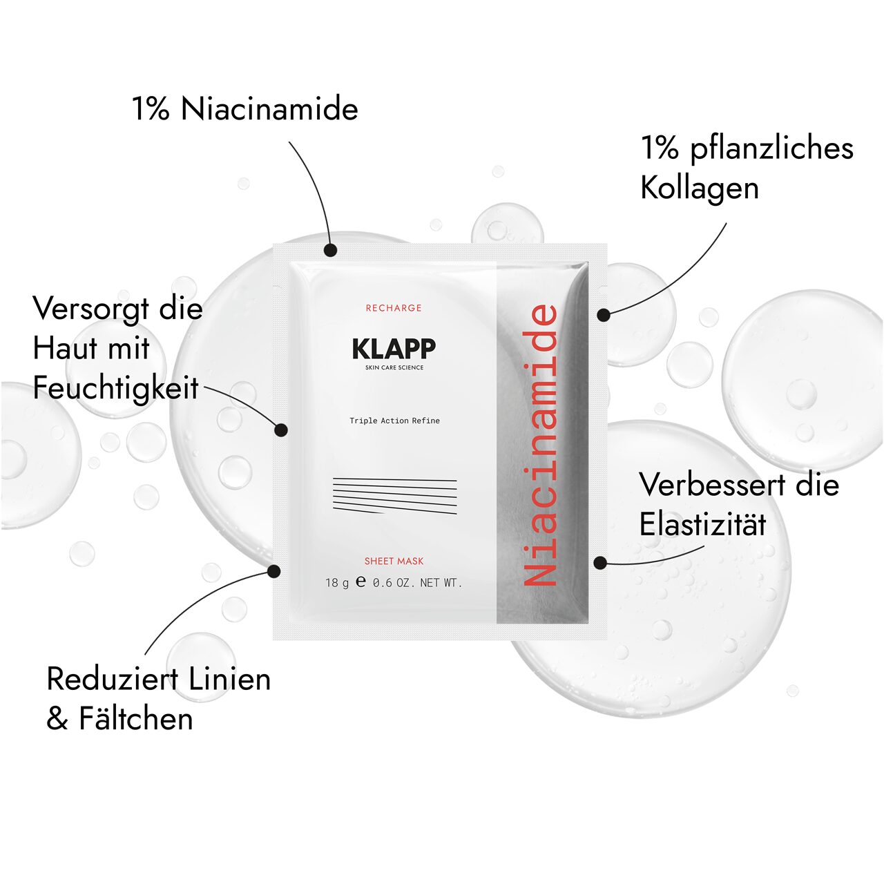 KLAPP RECHARGE Niacinamide Triple Action Refine Sheet Mask – Aufpolsternde Maske, 1stk, Sachet mit Wirkstoffhighlights