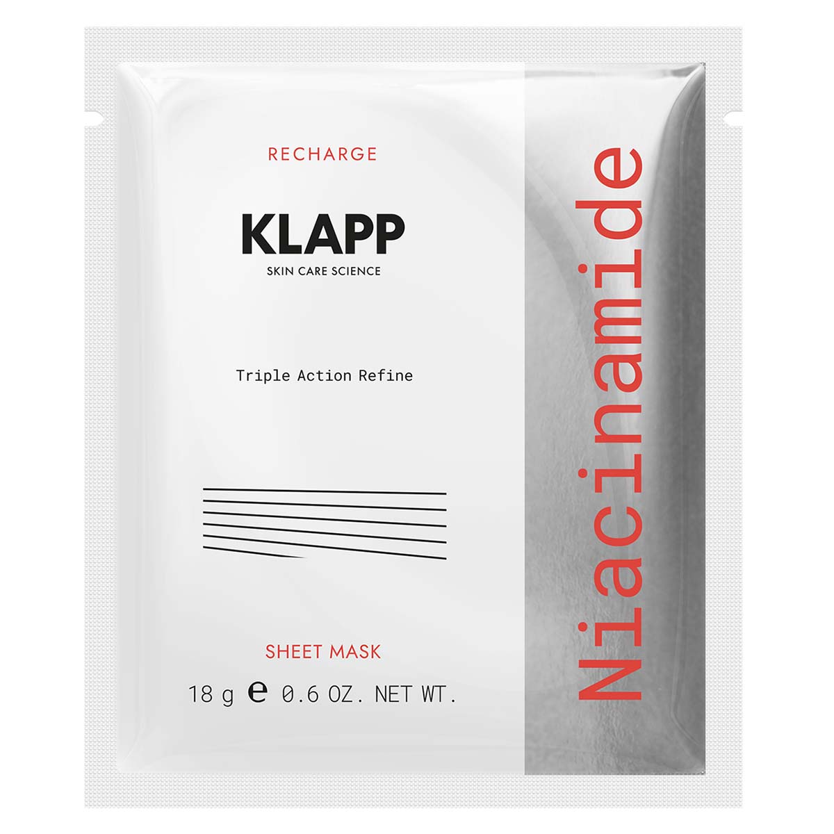 KLAPP RECHARGE Niacinamide Triple Action Refine Sheet Mask – Aufpolsternde Maske, 1stk, Sachet