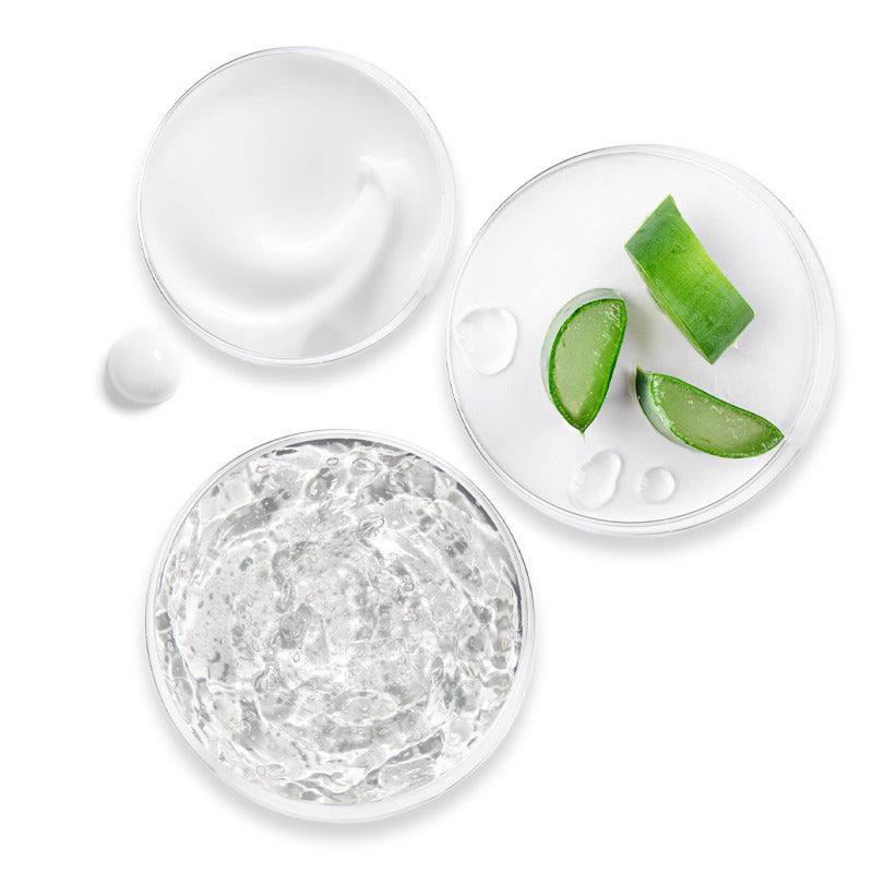 KLAPP Skin Natural Aloe Vera Cream  – Beruhigende Feuchtigkeitspflege, 50ml, Gel Creme und Aloe Vera Blattstücke auf Glasschalen