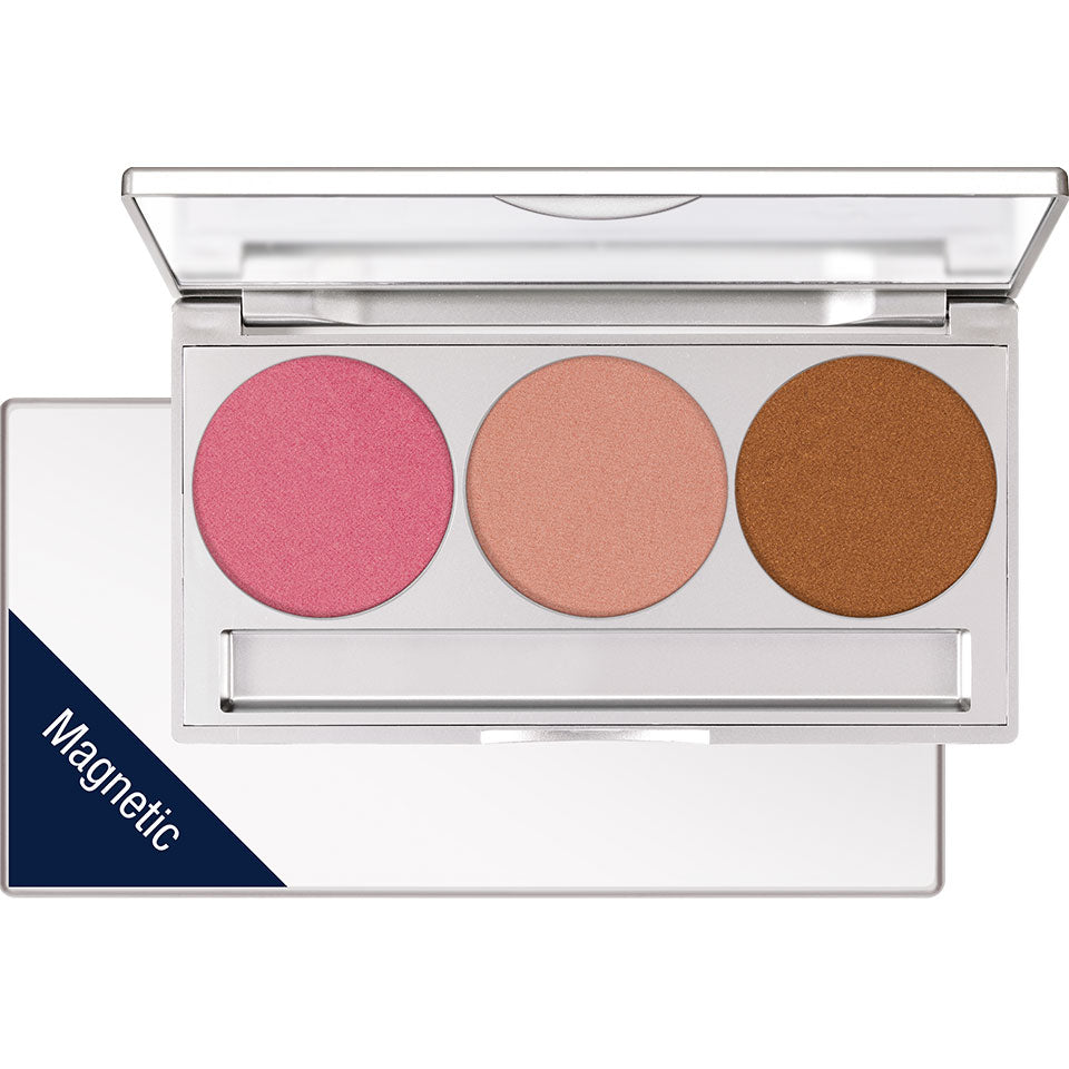 KRYOLAN Glamour Glow Trio glow 1 – Highlighter & Bronzer, 9 g | ø 36 mm, Palette offen und geschlossen