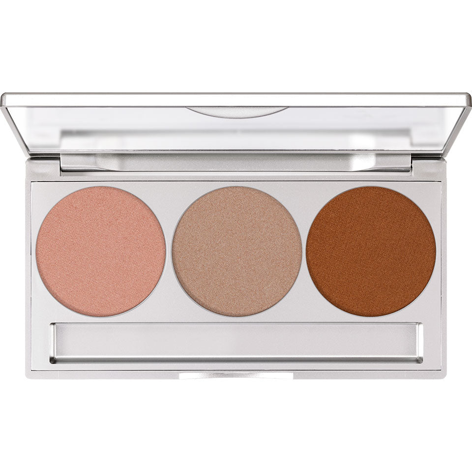 KRYOLAN Glamour Glow Trio glow 2 – Highlighter & Bronzer, 9 g | ø 36 mm, Palette offen