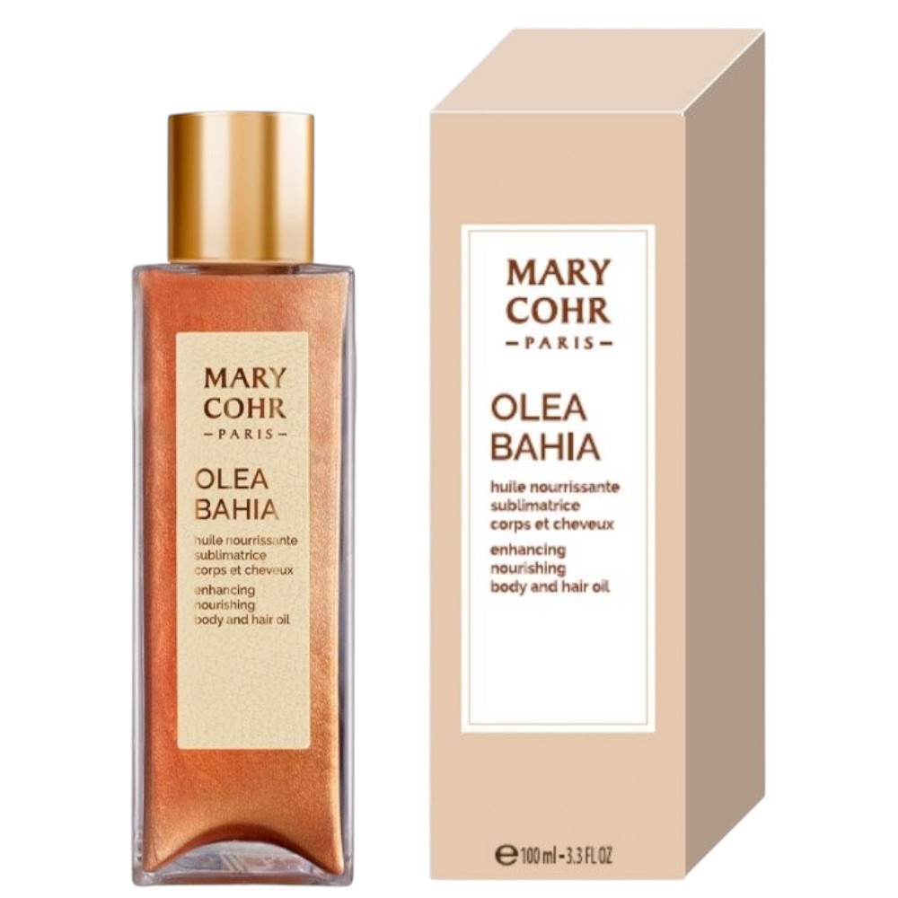 MARY COHR Olea Bahia Body & Hair Oil – Schimmerndes Pflegeöl für Haut & Haar, 100ml, Spenderflasche und Umkarton