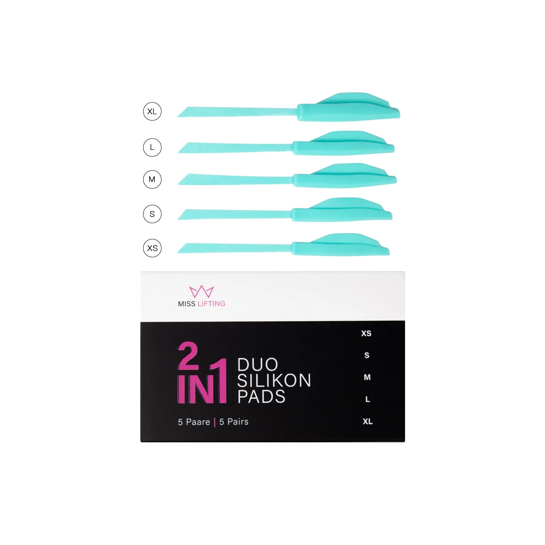 MISS LASHES 2 in 1 Duo Silikonpads  – Mixbox, 5Paar, Pads und Umkarton