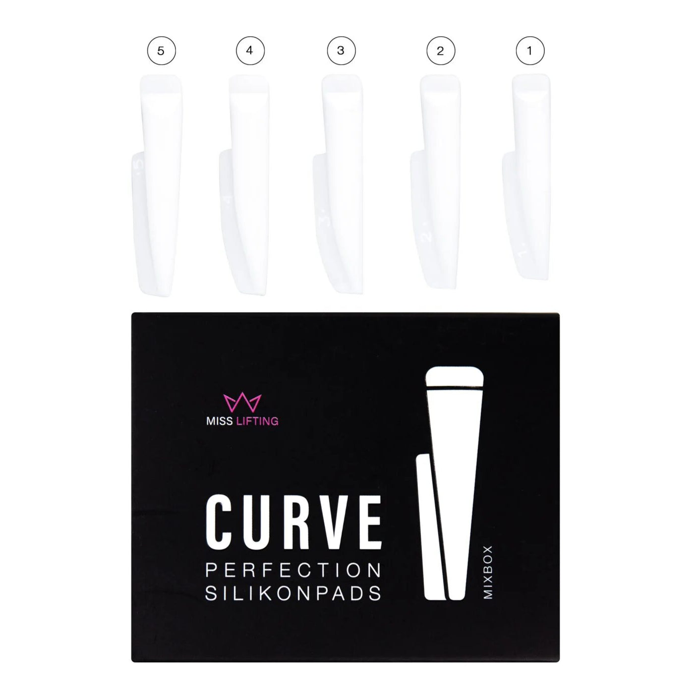 MISS LASHES Curve Perfektion Silikonpads – Mixbox, 5Paar, Pads und Umkarton