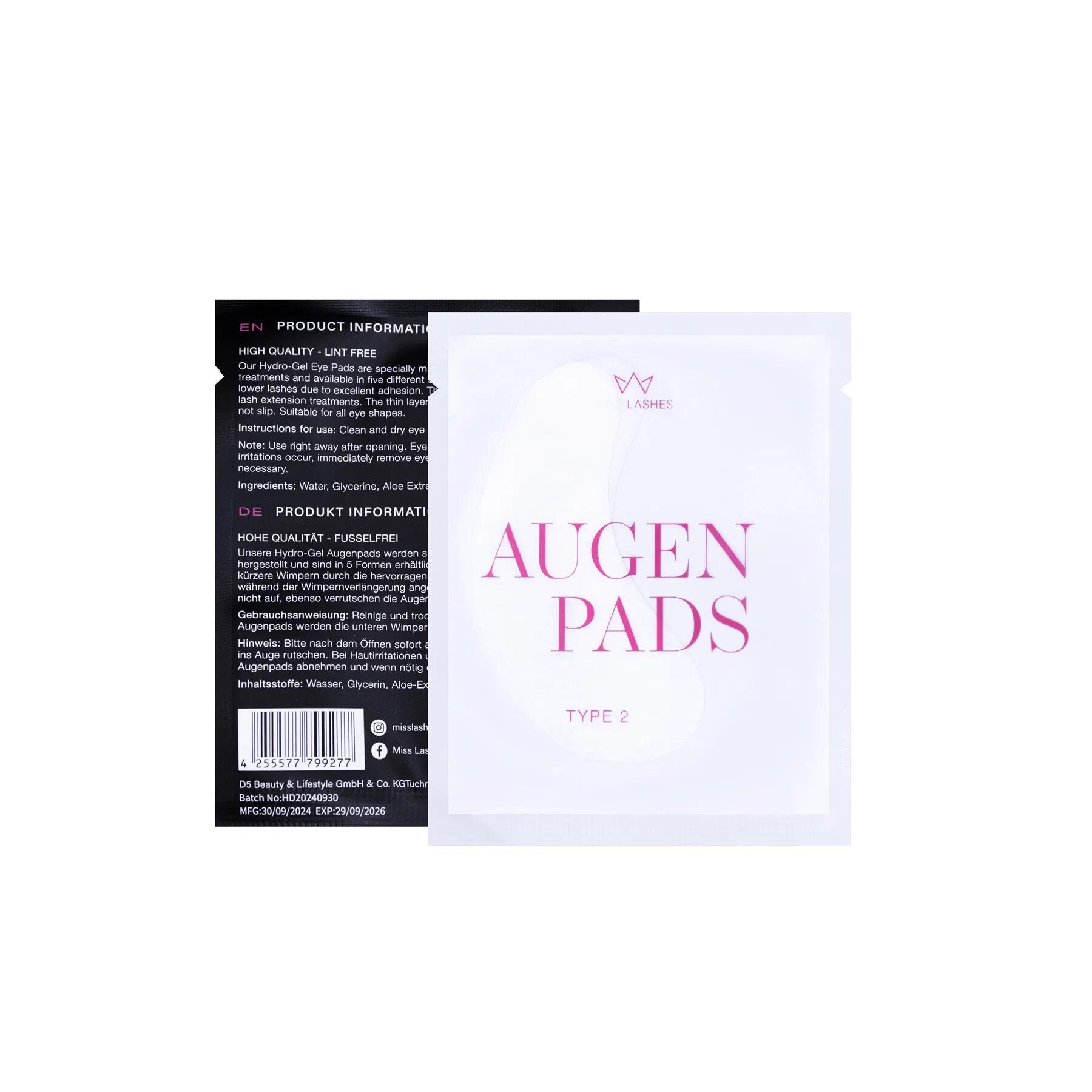 MISS LASHES Hydro-Gel Augenpads – Typ 2, 10Stk, Sachet Vorder- und Rückseite