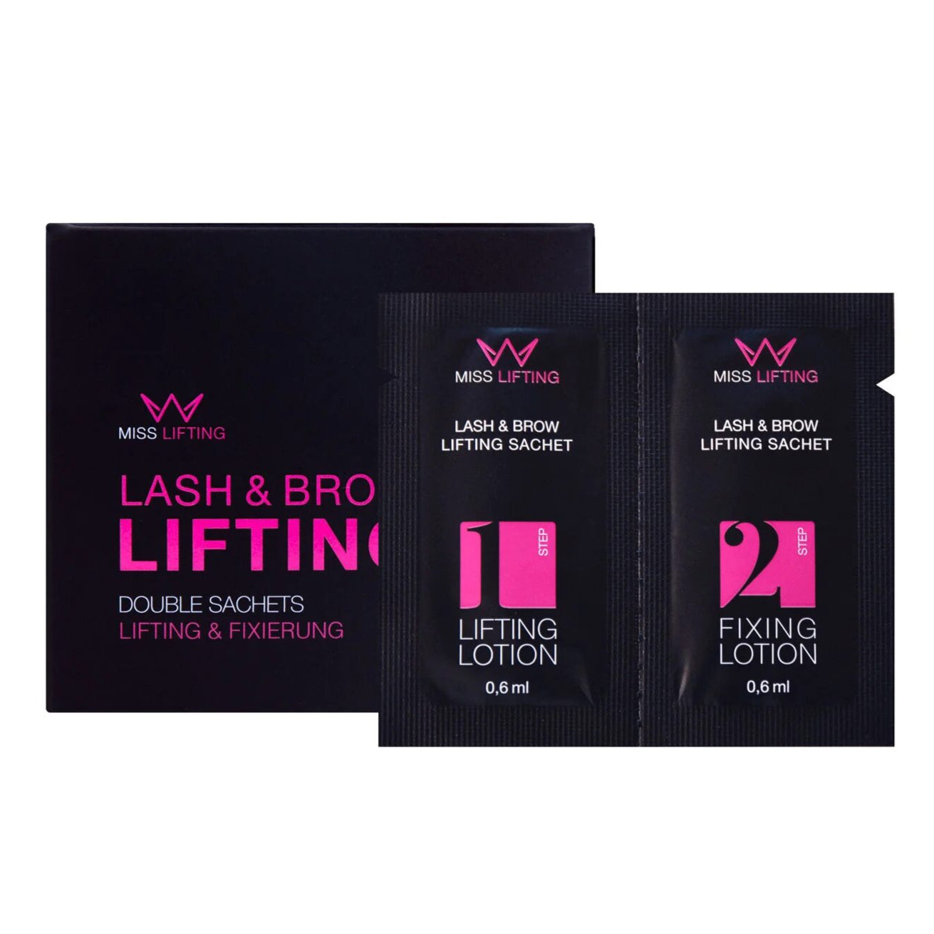 MISS LASHES Lash & Brow Lifting Sachets – Lotion & Fixierer, 20x0,6ml, Einzelsachet und Umkarton