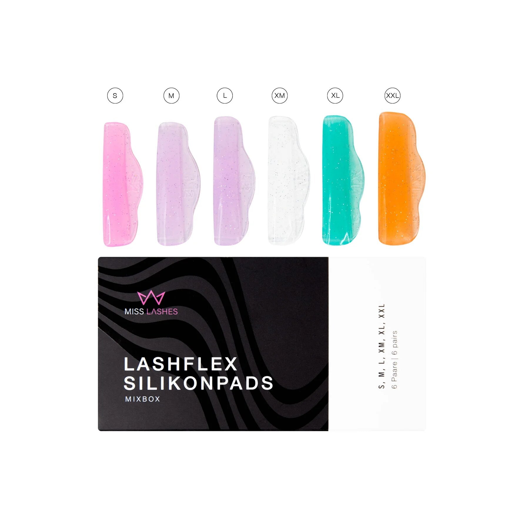 MISS LASHES Lash Flex Silikonpads – Mixbox, 6 Paare, Pads und Umkarton