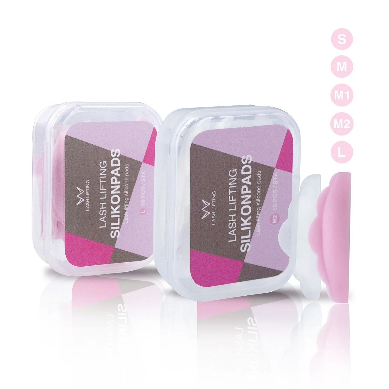 MISS LASHES Silikon Pads – Pads rosa und transparent, 5Paar, Einzelpads und Aufbewahrungsboxen