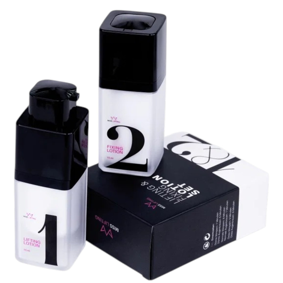 MISS LASHES Speed Lash & Brow Lifting Lotionen 1 & 2 Set – mit Re-move & Stem Cell Booster, 2x15ml, Pumspender und Umkarton offen