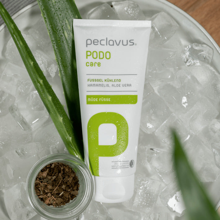 PECLAVUS Fußgel kühlend – 100ml, Tube auf Eiswürfel liegend mit Aloe Vera Blättern