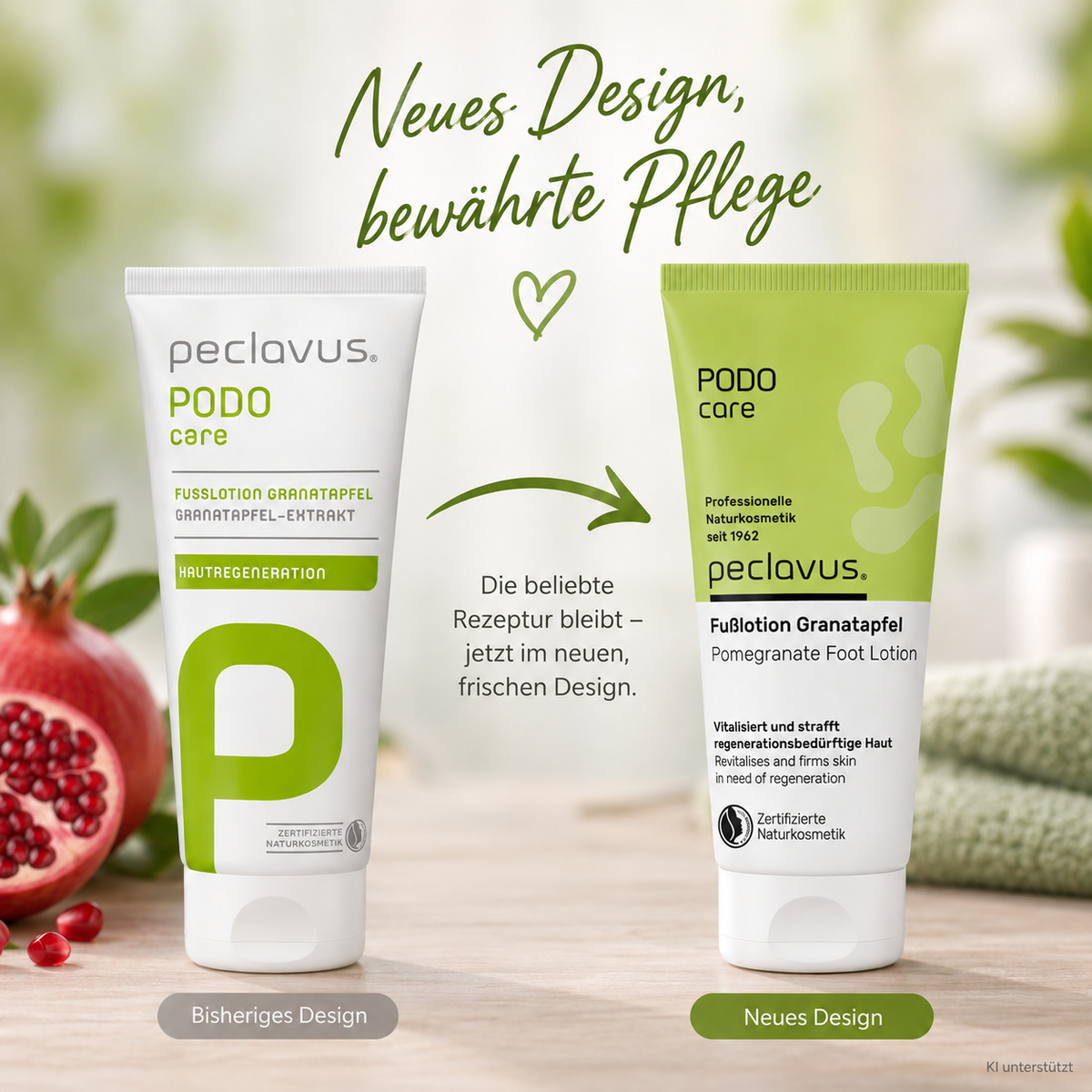 PECLAVUS Fußlotion Granatapfel – leichte vegane Fußpflege, 100ml, Vergleich bisheriges und neues Design