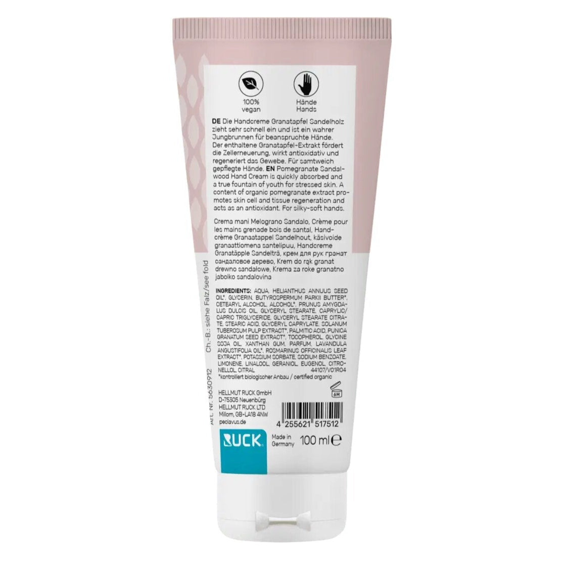 PECLAVUS Handcreme Granatapfel Sandelholz, 100ml, Tube Rückseite