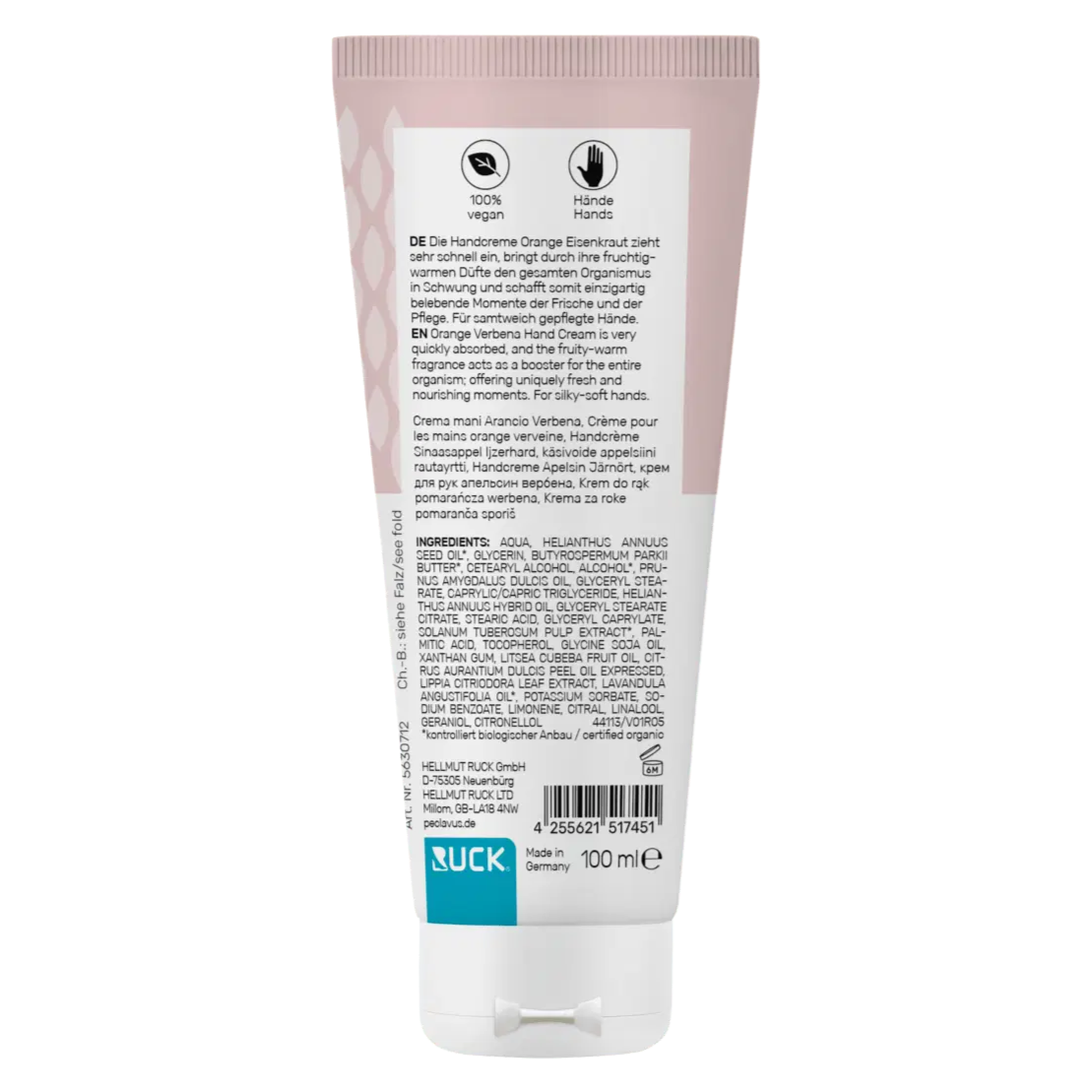PECLAVUS Handcreme Orange Eisenkraut, 100ml, Tube Rückseite