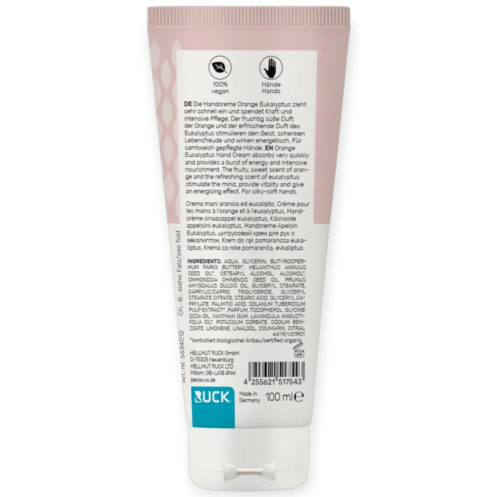PECLAVUS Handcreme Orange Eukalyptus, 100ml, Tube Rückseite
