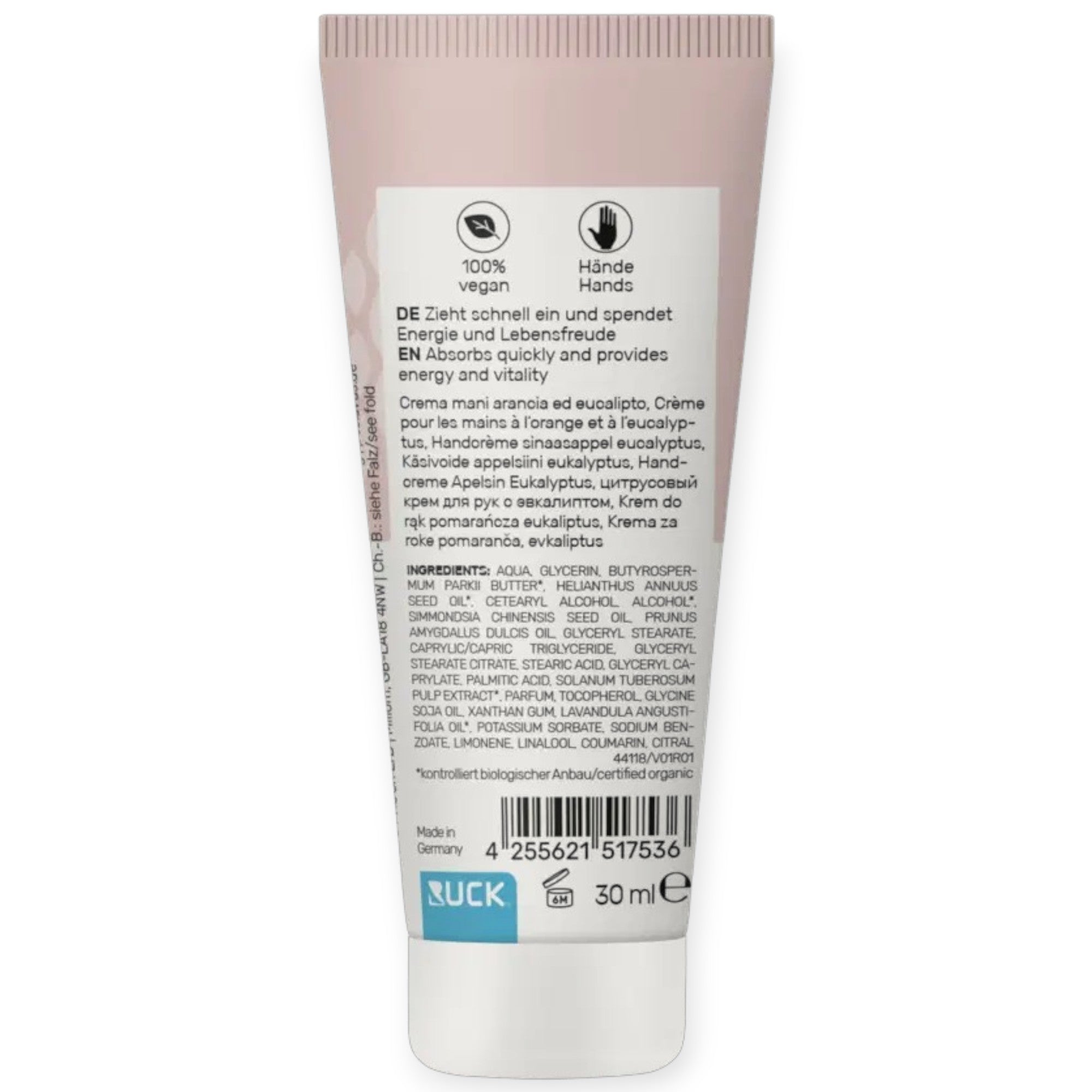 PECLAVUS Handcreme Orange Eukalyptus, 30ml, Tube Rückseite