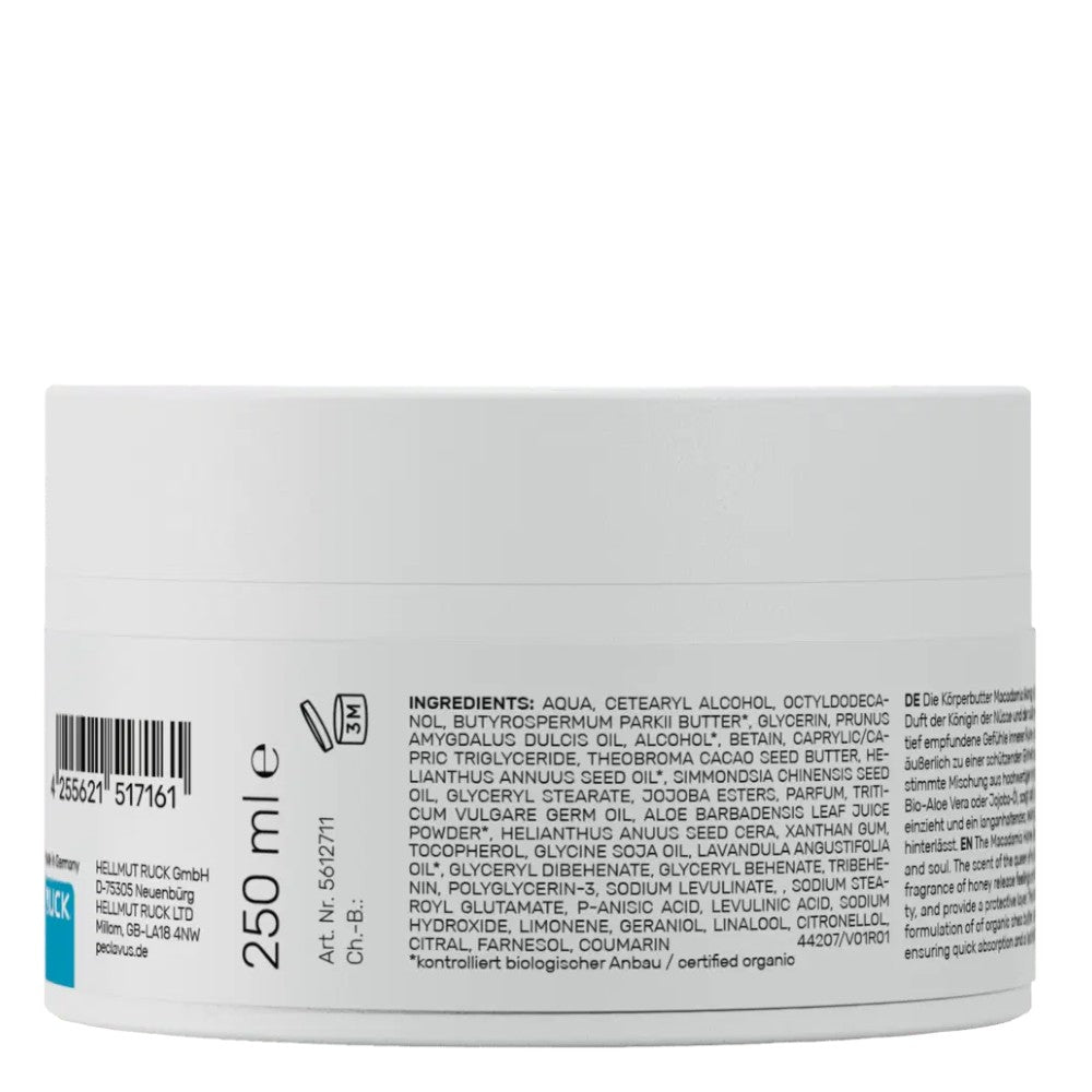 PECLAVUS Körperbutter Macadamia Honig , 250ml, Tiegel Rückseite