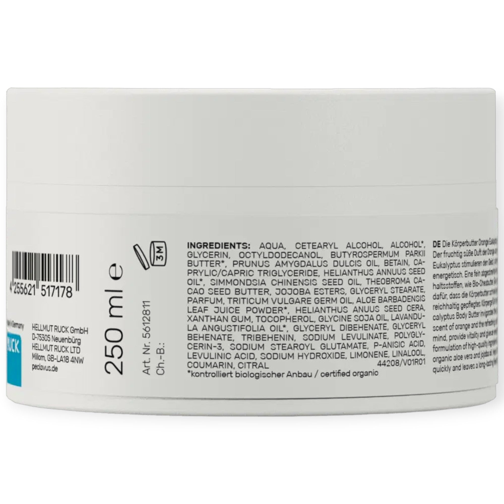 PECLAVUS Körperbutter Orange Eukalyptus, 250ml, Tiegel Rückseite