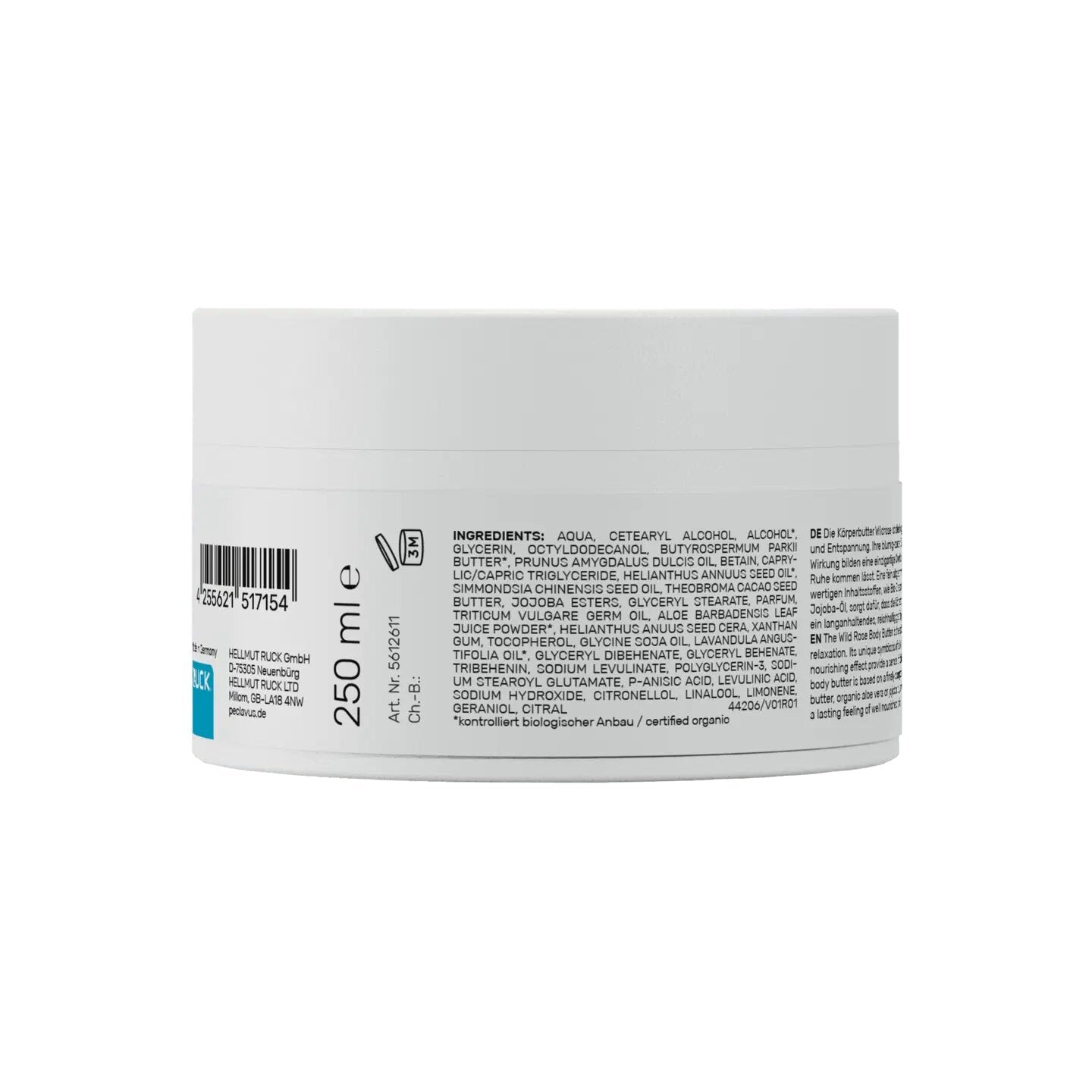 peclavus Körperbutter Wildrose, 250ml, Tiegel Rückseite