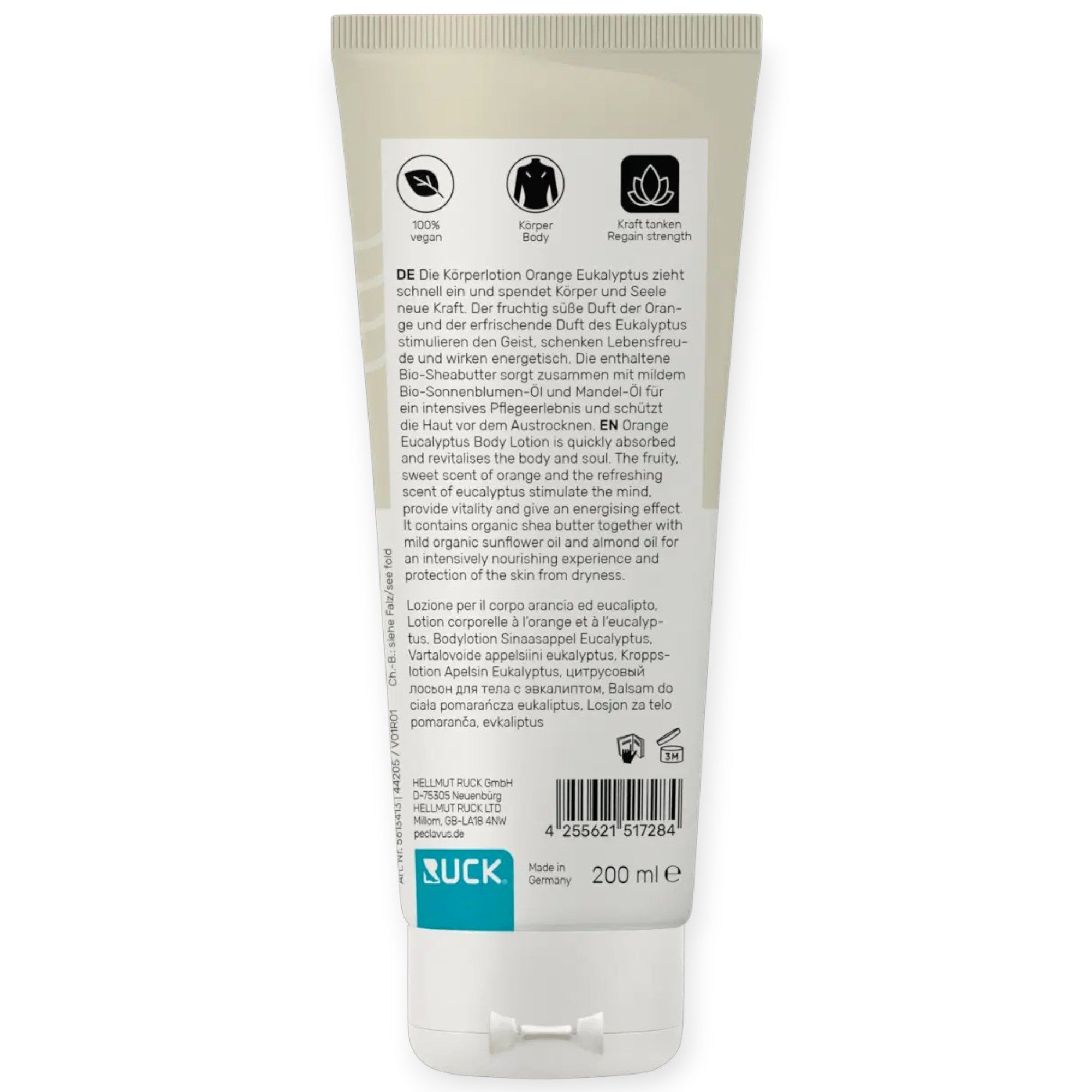 PECLAVUS Körperlotion Orange Eukalyptus, 200ml, Tube Rückseite