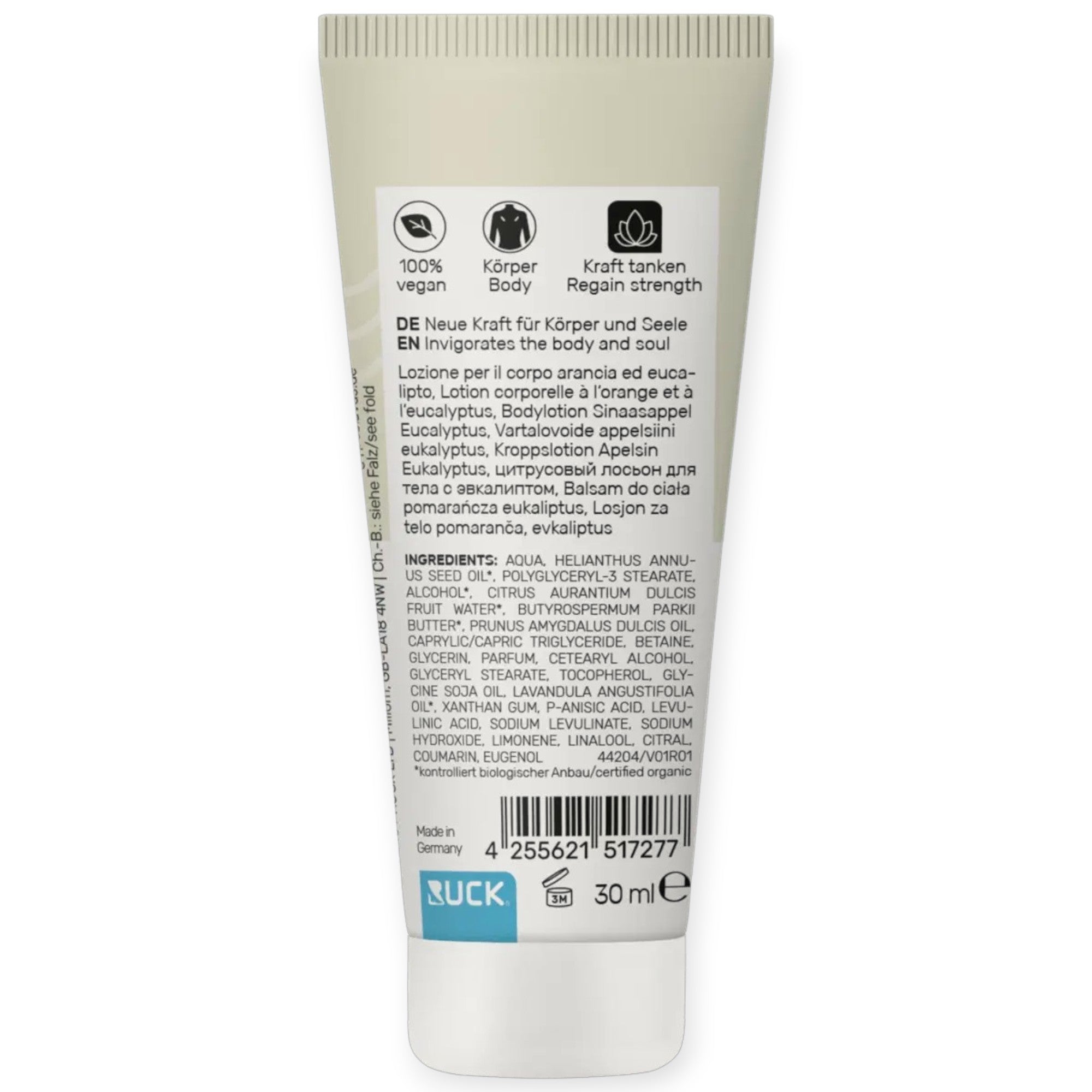 PECLAVUS Körperlotion Orange Eukalyptus, 30ml, Tube Rückseite