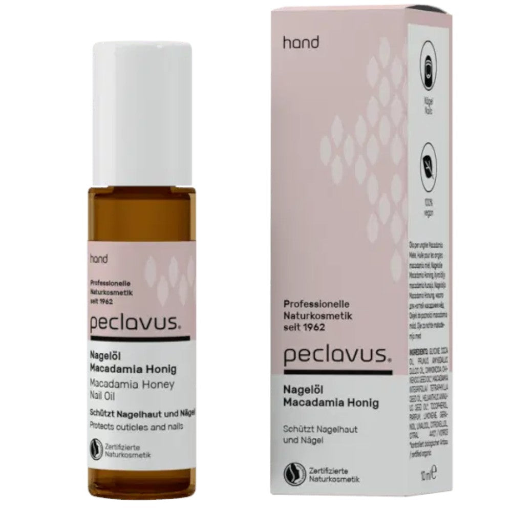 PECLAVUS Nagelöl Macadamia Honig Roll-On, 10ml, Flasche und Umkarton