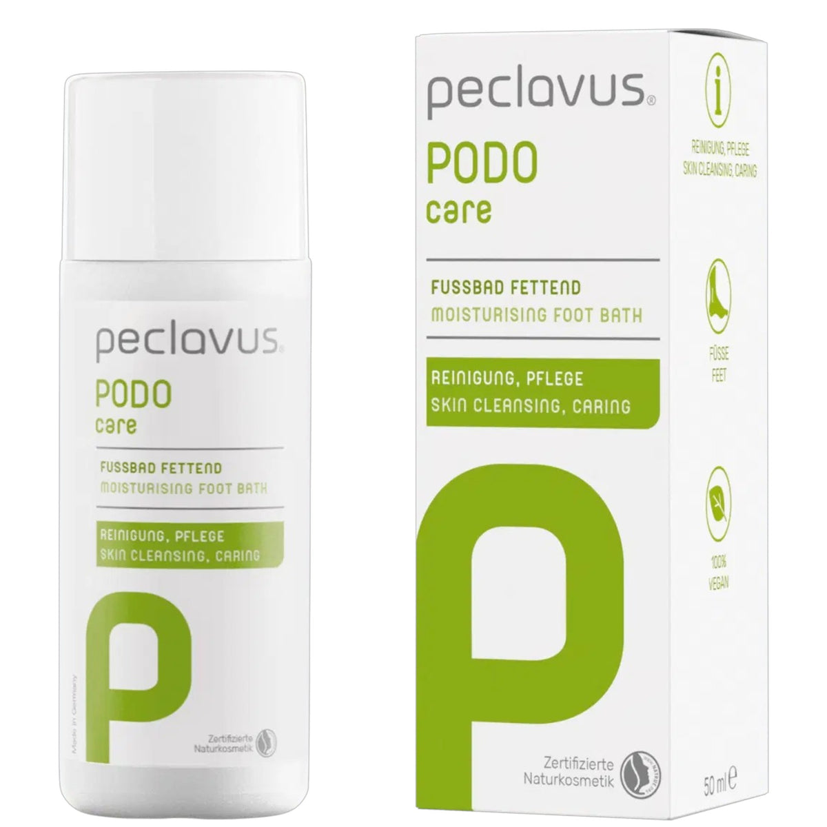 PECLAVUS PODOcare Fußbad fettend – für trockene Füße, 50ml, Flasche und Umkarton