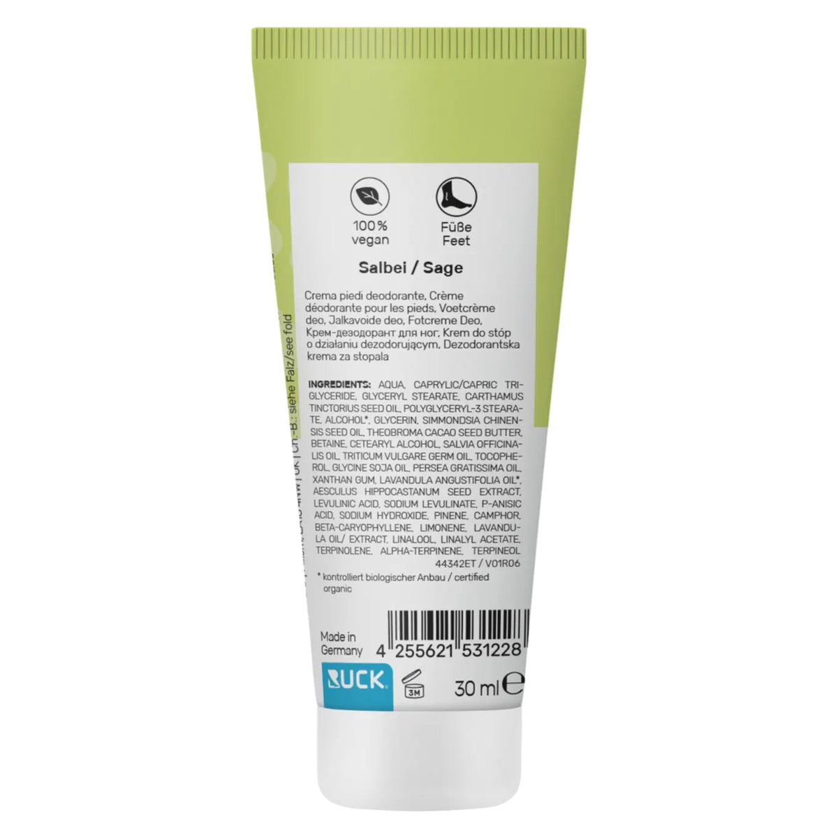 PECLAVUS PODOcare Fußcreme Deo – für schwitzende Haut, 30ml, Tube Rückseite
