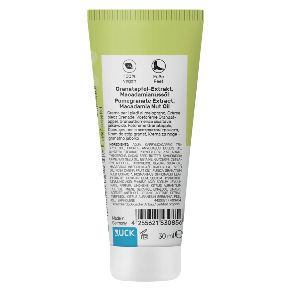 PECLAVUS PODOcare Fußcreme Granatapfel – für regenerationsbedürftige Haut, 30ml, Tube Rückseite