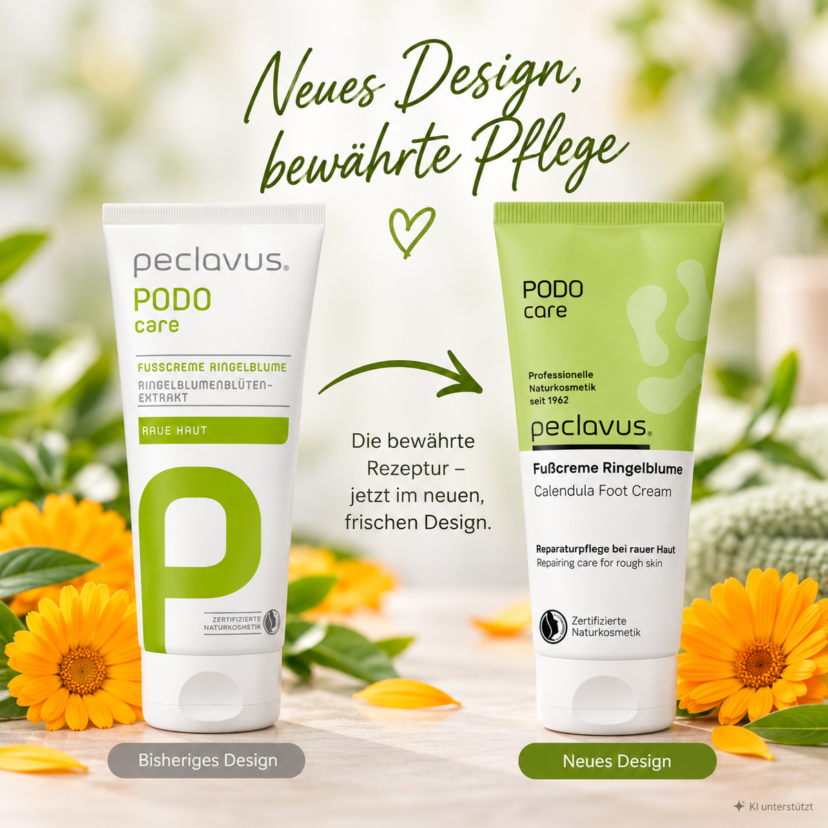 PECLAVUS PODOcare Fußcreme Ringelblume – für raue Haut, 100ml, Vergleich zu bisherigem Design