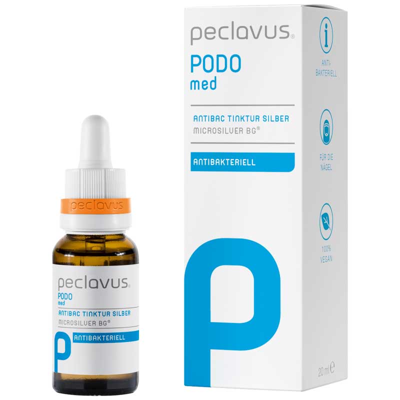 PECLAVUS PODOmed AntiBAC Tinktur Silber, 20ml, Pipettenflasche und Umkarton