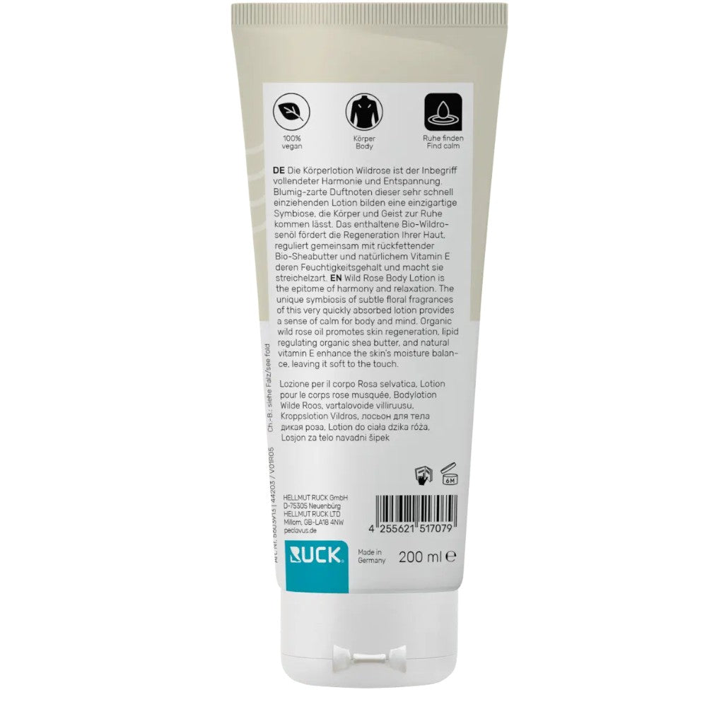 peclavus  Körperlotion Wildrose , 200ml, Tube Rückseite