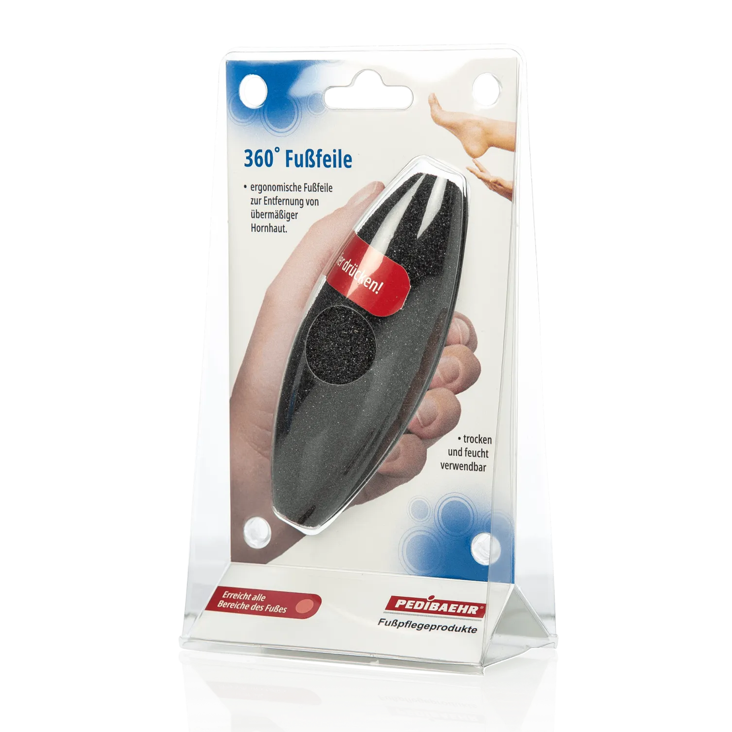 PEDIBAEHR 360° Fußfeile – ergonomische Feile für glatte Füße, 1stk, Verpackung seitlich