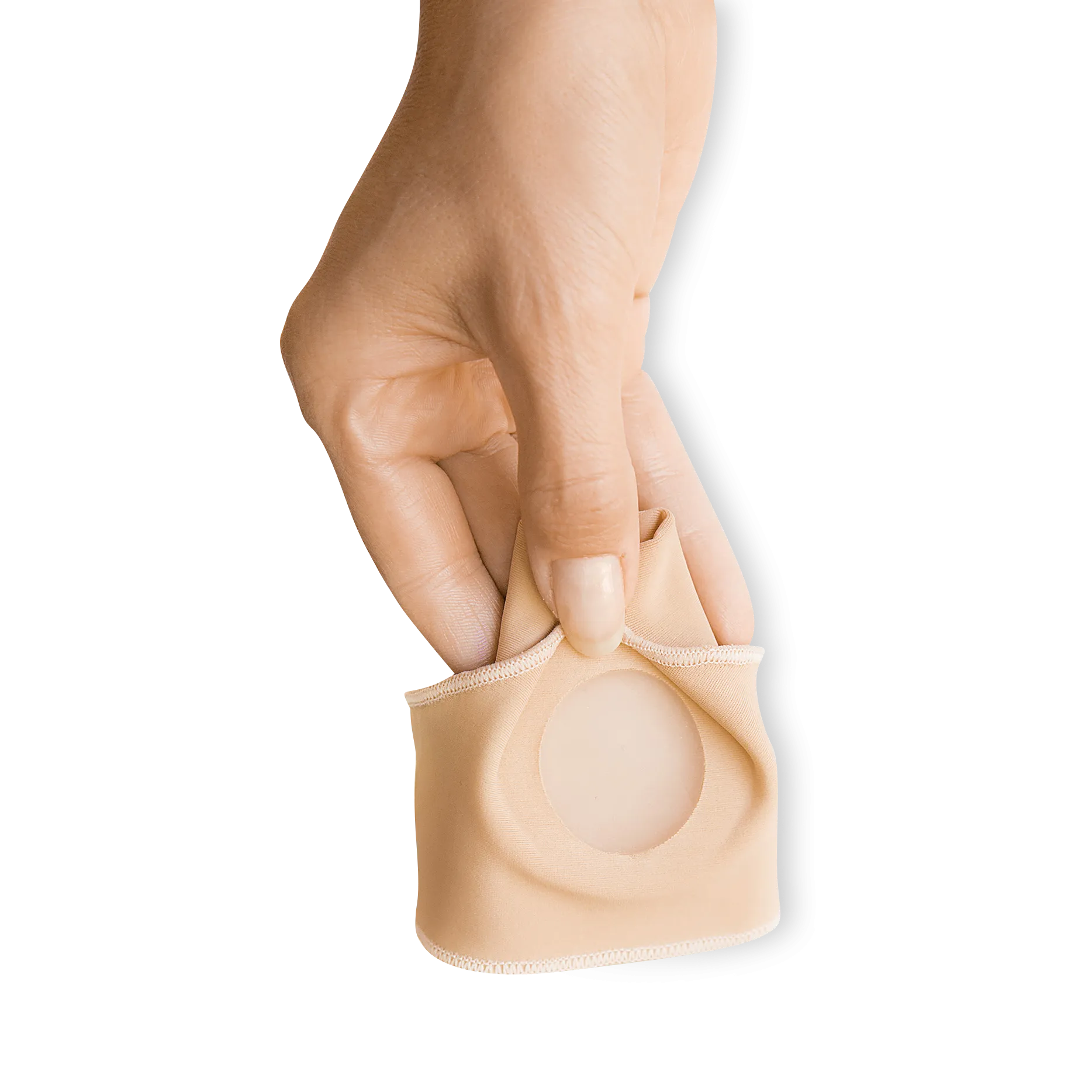PEDIBAEHR Gel-Ballenschutz unbedeckt, 1stk, Hand hält Gelschutz